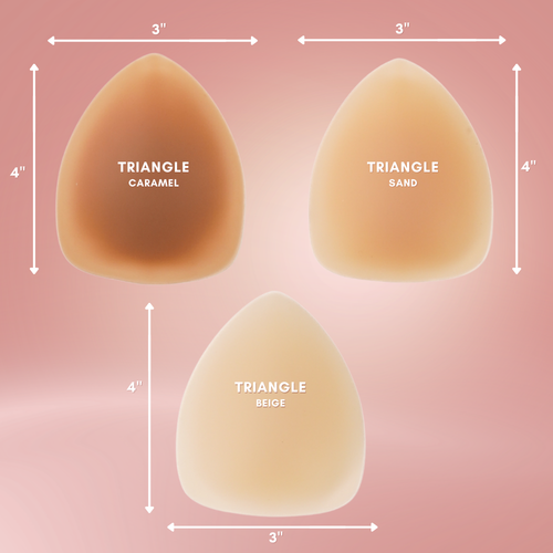 Three triangle-shaped makeup sponges labeled 'Caramel', 'Sand', and 'Beige' with measurements on a pink background.