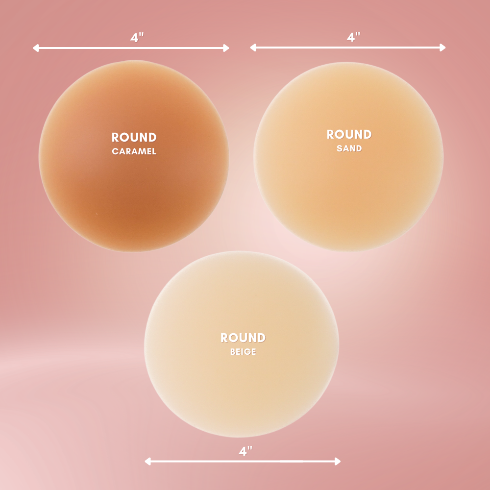 Three round sponges labeled 'Round Caramel', 'Round Sand', and 'Round Beige' with measurements on a pink background.