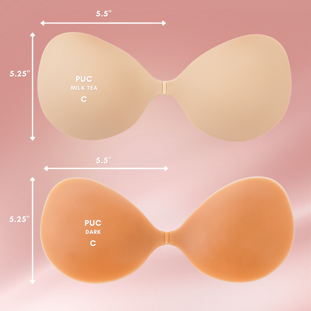 Two silicone bras with measurements and color labels on a pink background
