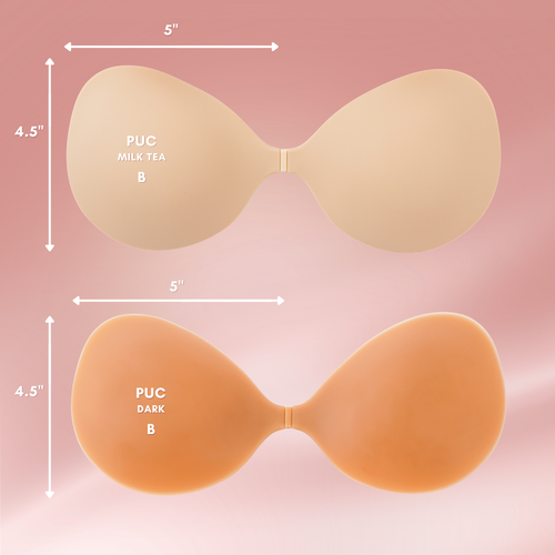 Two silicone butt pads with measurements and color options on a pink background