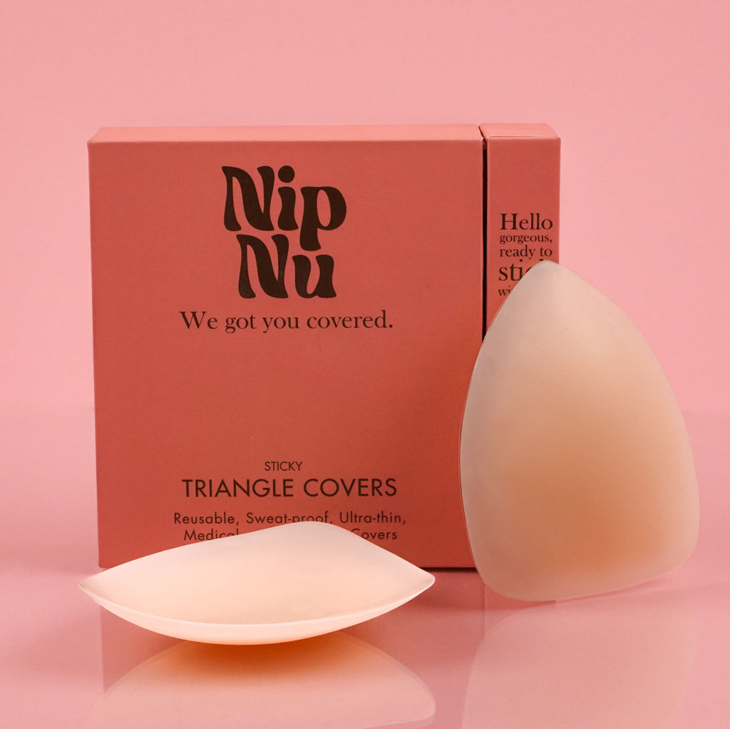 Nip Nu sticky triangle covers with packaging on a pink background